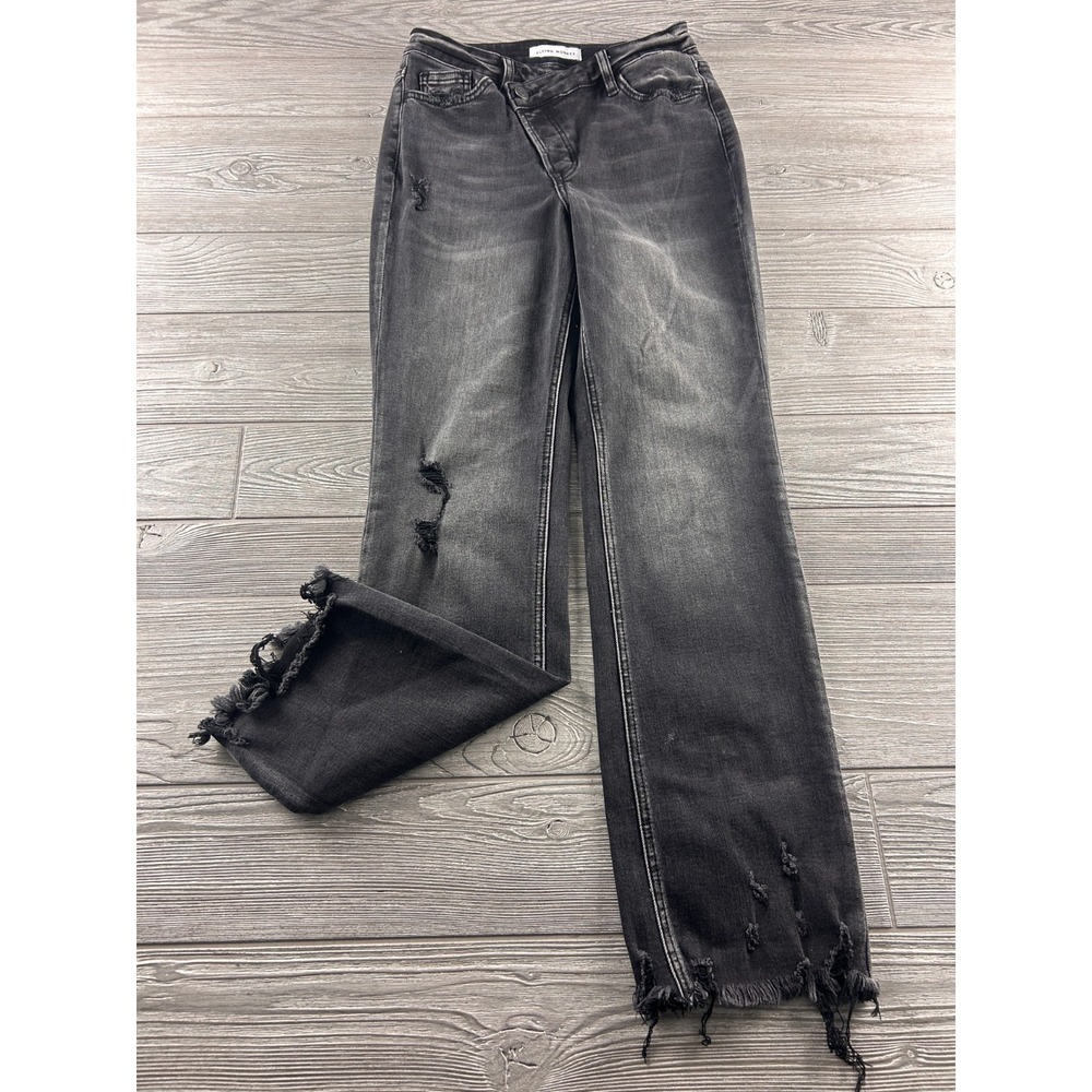 Flying Monkey Womens Sz 24 Jeans Black Wash Raw Hem Distressed Crossover Fly